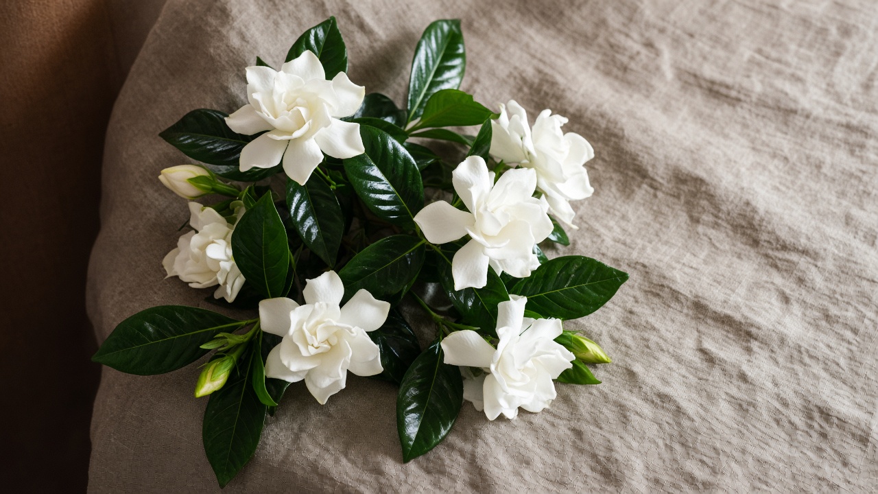 White gardenias and dark green leaves on taupe linen